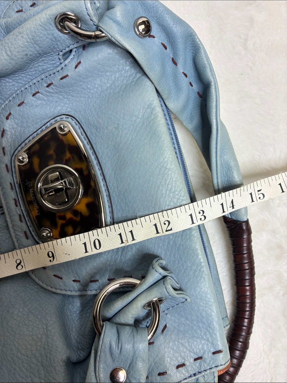 b. makowsky Light Blue Leather Shoulder Tote with Dark Wood-Wrapped Handles - Picture 8 of 9